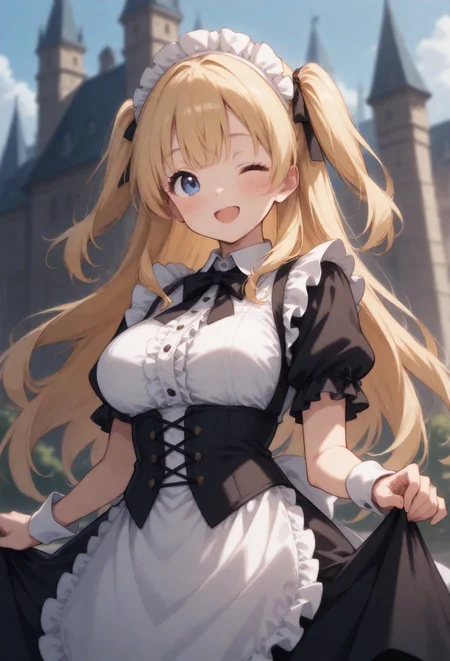 masterpiece best quality, absurdres very aesthetic, general, depth of field,intricate details, thin main lined,
a high-teens cute maid, petit, perky big breasts, blonde two side up hair,ice blue eyes, kindly (shy smile),;D,
(blooming castle_garden), detailed background,no holding,outdoors,(edwardian maid uniform),maid headdress,
from front view,cinematic angle and posing,snapshot, <lora:aesthetic_anime_v1s:0.6>
