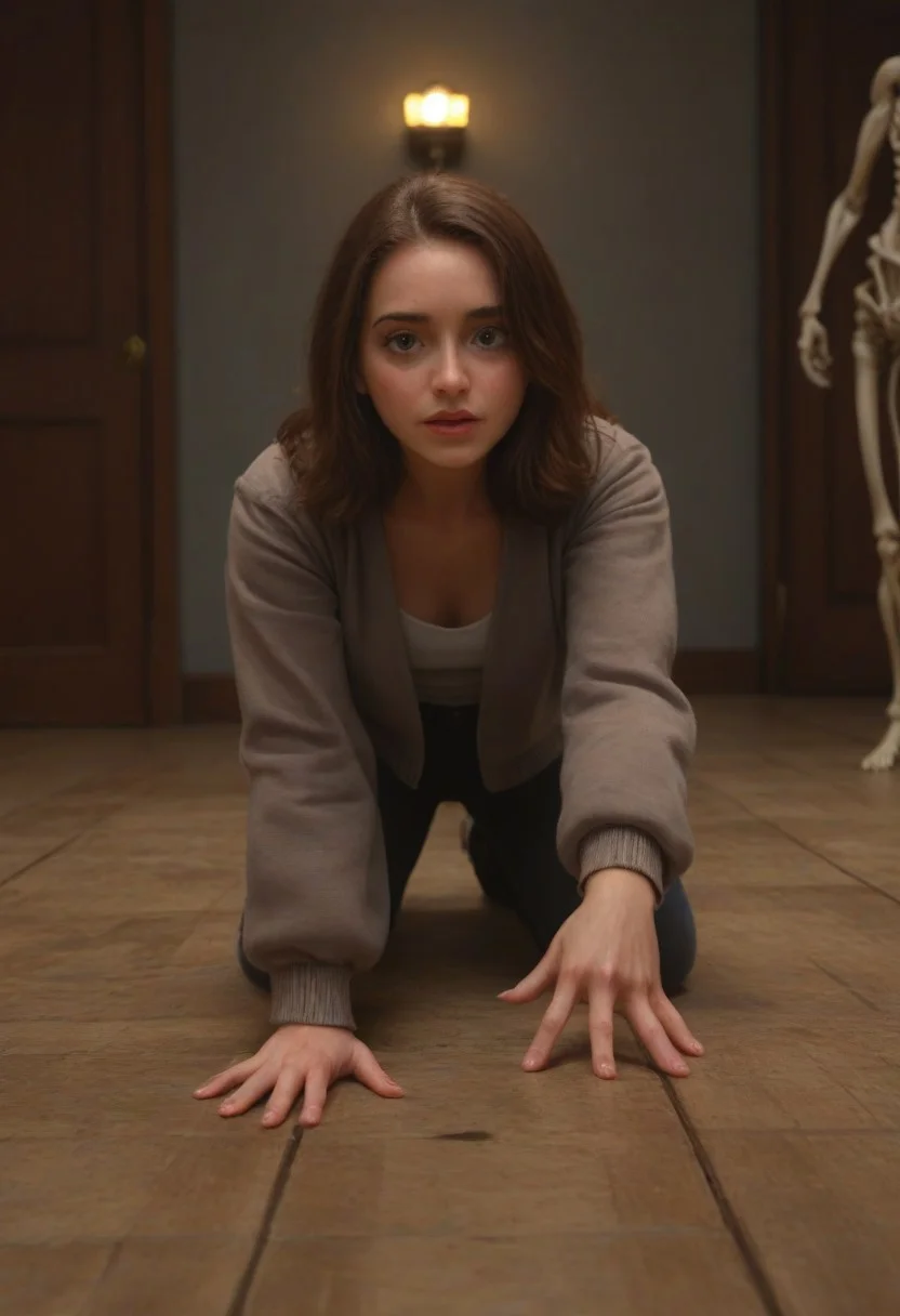 An enormous cute gelatine ooze in the shape of a woman with the surprised eyes in the dungeons, next to a skeleton on the floor reaching out towards the gelatine, dim light, pixar art, detailed, intricate details, 8k, best quality, hdr, masterpiece