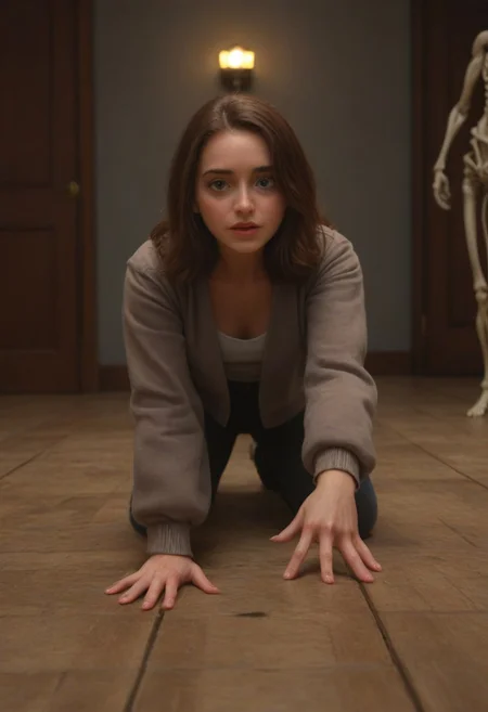 An enormous cute gelatine ooze in the shape of a woman with the surprised eyes in the dungeons, next to a skeleton on the floor reaching out towards the gelatine, dim light, pixar art, detailed, intricate details, 8k, best quality, hdr, masterpiece