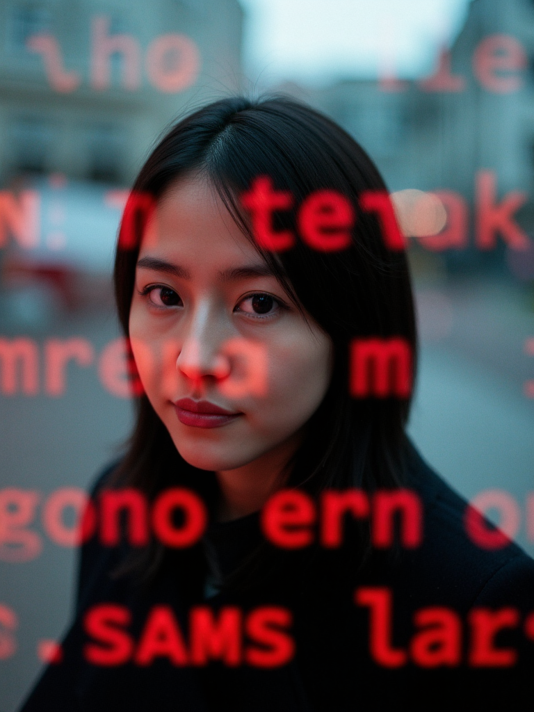 There are wonderful studio lights and various reflections,
18yo beautiful cute girl with blushing and female orgasm.skin naturally showing the texture of blood vessels and detailed pale skin,
--,
<lora:Masami_Nagasawa_f1:1>,she is Masami Nagasawa, Lines of Movement, HAS12345.3FR, A close-up of a young womanâs face dominates the frame, partially obscured by streaks of fast-moving digital text in red and black. Her expression is calm and composed, her dark eyes focused ahead with a quiet intensity. The lighting is soft and cool, highlighting the smooth texture of her skin and her hair, which blends with the shadows of her black coat. The woman stands in an urban setting, but the background is blurred with motion, fading into soft grays and blues, indicating the city but leaving it abstract.The red streaks of digital text, sharp and bright, cut across the scene horizontally, giving the image a futuristic, cyberpunk feel. The contrast between the womanâs soft, natural features and the harsh, glowing text creates tension, as though she exists between two worldsâone of calmness and one of fast-paced digital information. The composition draws the viewerâs eye to the womanâs face while also directing attention to the moving text that surrounds her. The interplay of light and shadow is subtle, allowing the glowing text and the woman's focused gaze to take precedence.The overall atmosphere is mysterious and slightly futuristic, evoking themes of technology, modern life, and isolation in a digital world. The image suggests a person in tune with both the physical and digital environments, navigating between them with ease.,,
