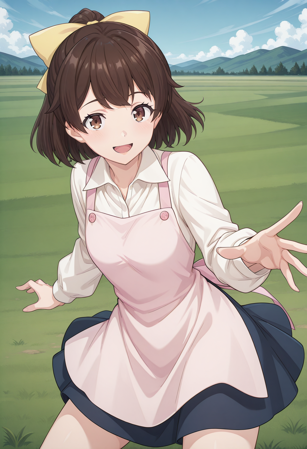tantei1 akane, brown eyes, brown hair, ponytail, bangs, yellow bow, hair bow, white shirt, collared shirt, long sleeves, pink apron, blue skirt, <lora:tantei1_akane_illustrious_ver1:0.8>
smile, open mouth, cowboy shot, masterpiece, best quality, sensitive,, 1girl, solo, blue sky, (grasslands:1.2), looking at viewer,, (dynamic pose:1.4),