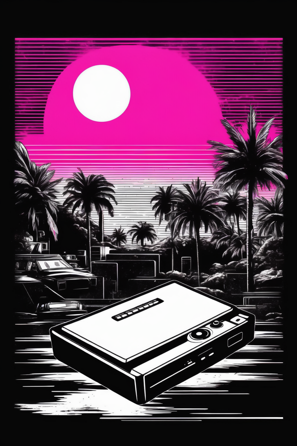 <lora:Synthwave T-shirt:1>Synthwave T-shirt - monocrome white background vintage retro vector black outline artwork in a synthwave music context turn off your devices