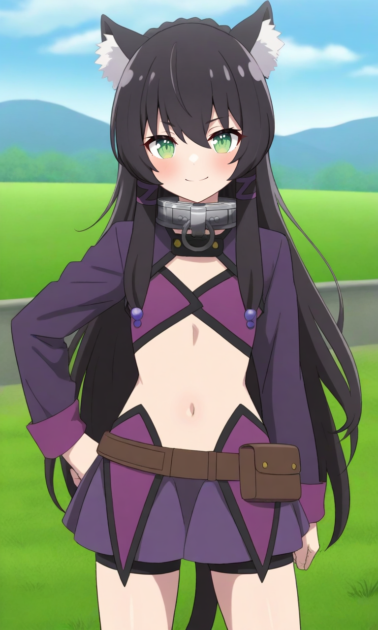 masterpiece, best quality, high resolution, absurdres, 1girl, rem_galleu, green_eyes, black_hair, very_long_hair, sidelocks, flat_chest, cat_tail, hair_ornament, metal_collar, shrug_(clothing), purple_bra, long_sleeves, miniskirt, purple_skirt, belt_pouch, bike_shorts, black_shorts, outdoors, sky, grass, looking_at_viewer, smile, hand_on_own_hip,