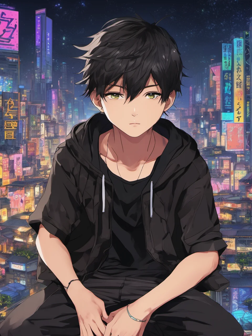 anime artwork <lora:Choi_Kang-rim_v1.14:0.8>, a young boy Choi Kang-rim, black hair, detailed green eyes with black pupil, complex background, dystopia, full shot, (wearing a black tank top and long black pants), 8k, uhd, (masterpiece, best quality, ultra-detailed, best shadow), black pants, short sleeves, (detailed background,dark fantasy), depth of field, black light particles, symbol-shaped_pupils, 12 years old, black cloak, (scar on the face), male . anime style, key visual, vibrant, studio anime, highly detailed
