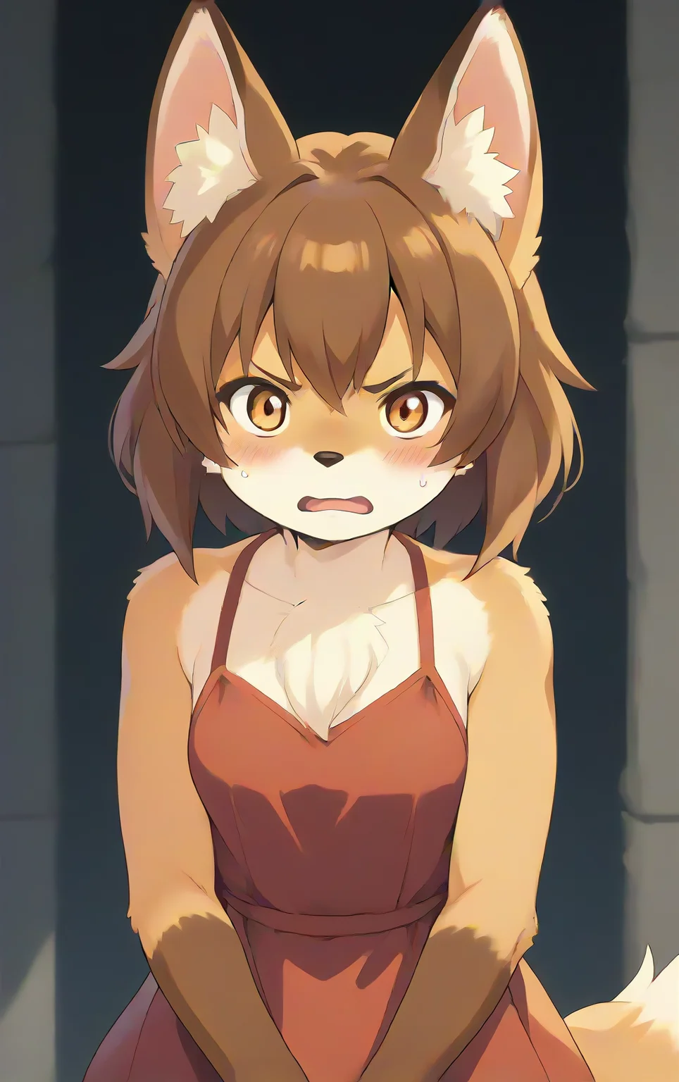 score_9, score_8_up, score_7_up,score_6_up,score_5_up, source_furry, 1girl, solo, cub, anime screencap, animal ears, furry, brown hair, tail, blush, furry female, open mouth, (looking at viewer), fox ears, embarrassed, (tsundere:0.5), jitome, brown eyes, breasts, brown fur, animal ear fluff, fox tail, short hair, animal nose, sweatdrop, small breasts, bangs, body fur, white fur, fox girl, dress, upper body, white background, <lora:TsundereFox_pony_v1:1>, tfg, <lora:p:0.35> <lora:Anime_Screencap:1>