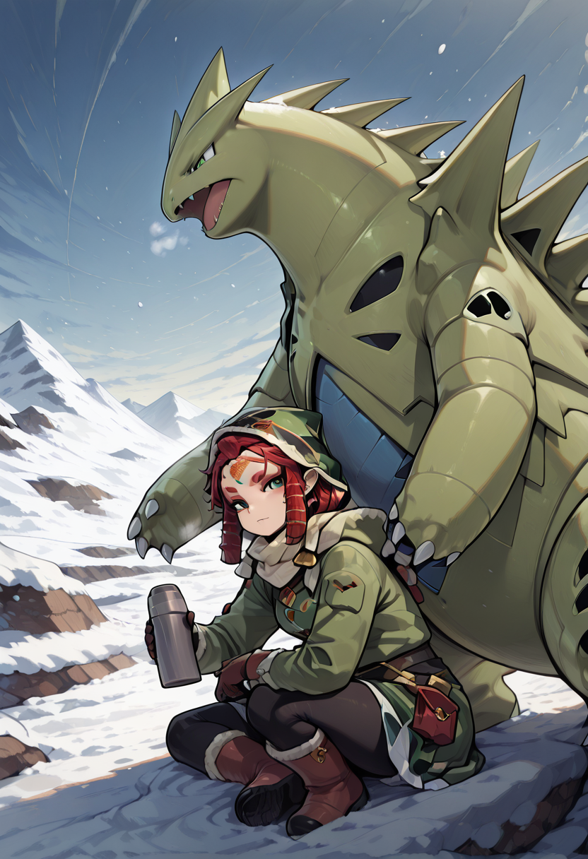 masterpiece, best quality, 1girl, eyelashes, (beautiful eyes), looking at viewer,  s1tt1ng0n,  (foreshortening, face focus, upper body, side view, dynamic pose),     zzRijuT, tyranitar, sitting on Tyranitarâs shoulders, insulated winter coat, fur-lined hood, snow boots, thick wool scarf, winter gloves, thermos in hand, long braided hair tucked under hood, snow-covered peaks, icy cliffs, frozen river below, snowflakes falling gently, cold, crisp air, towering ice walls, snow-covered tents in the distance, (relaxed pose:1.2), (looking at the distant summit:1.3), (holding thermos:1.2), swirling snowstorm, cold wind whipping through the air, icy terrain stretching far, intense cold, peaceful snowy atmosphere, rugged mountain environment        ,<lora:RijuTyrannitarCitron_IXL:1.0>,