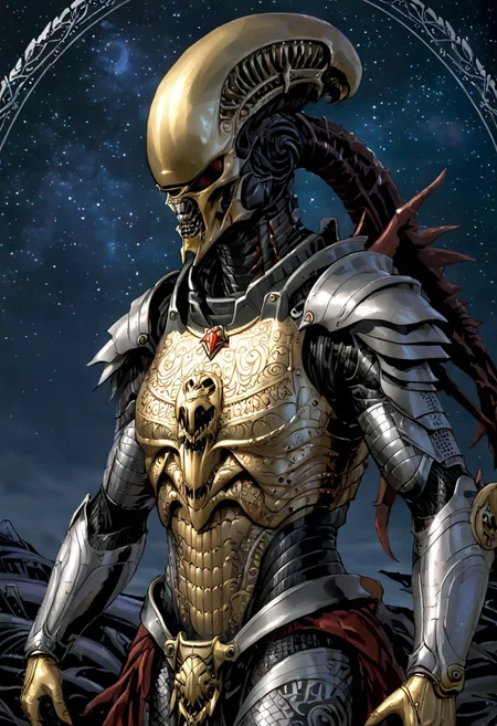 An insanely Detailed Divine Xenomorph, Golden and silver in color, cyberpunk, a crimson tinge to the golden color, Hyperdetailed, Omnipresent, Beautiful, Sinister overtones, otherworldly,((masterpiece, best quality)), fantasy, solo, 1 alien knight, silver armor chestplate with silver medieval ornaments and runes, galactic night sky background, perfect composition, sidelighting, outdoor,