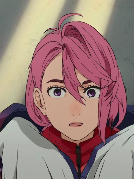 score_9, score_8_up, score_7_up, airashiratori, a close-up portrait of a young man with pink hair and purple eyes, wearing a red turtleneck, solo, looking at viewer, blush, short hair, open mouth, bangs, 1boy, bare shoulders, closed mouth, upper body, male focus, red shirt, volumetric lighting  <lora:dandadan_pony_v1-1:0.95>
