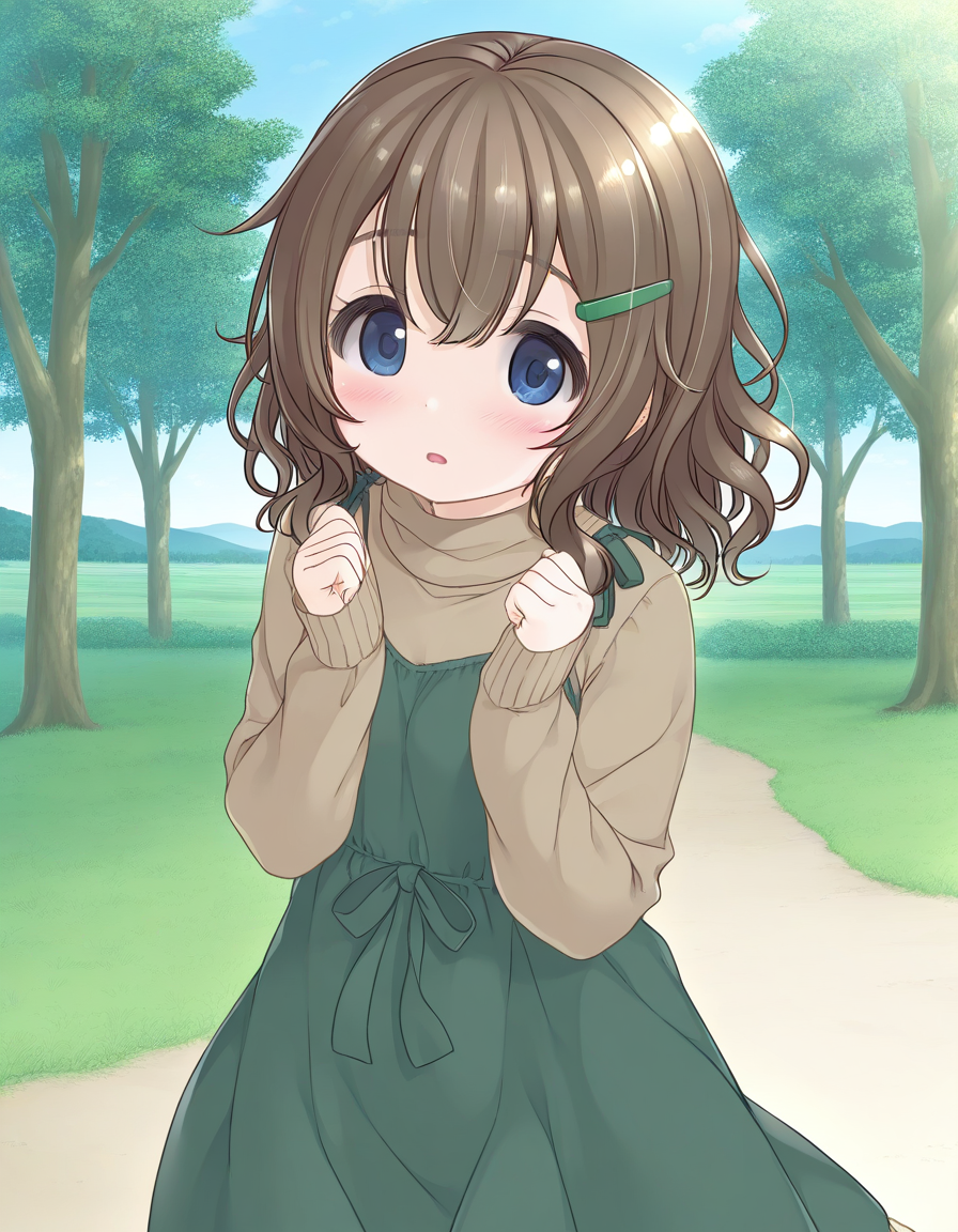 general,highres, ultra-detailed,very aesthetic,best quality ,best hands,  BREAK <lora:Fukami_Nonoka_IS:1> FukamiNonoka, 1girl,solo, bangs, medium hair, brown hair, hairclip, blue eyes, 
solo, blush, dress, looking at viewer, long sleeves, parted lips, hair between eyes, green dress, cowboy shot, clenched hands, turtleneck, sweater, hands up, sleeves past wrists, sleeveless dress, standing, open mouth, wavy hair, long hair,
grass, spring, tree, sky,