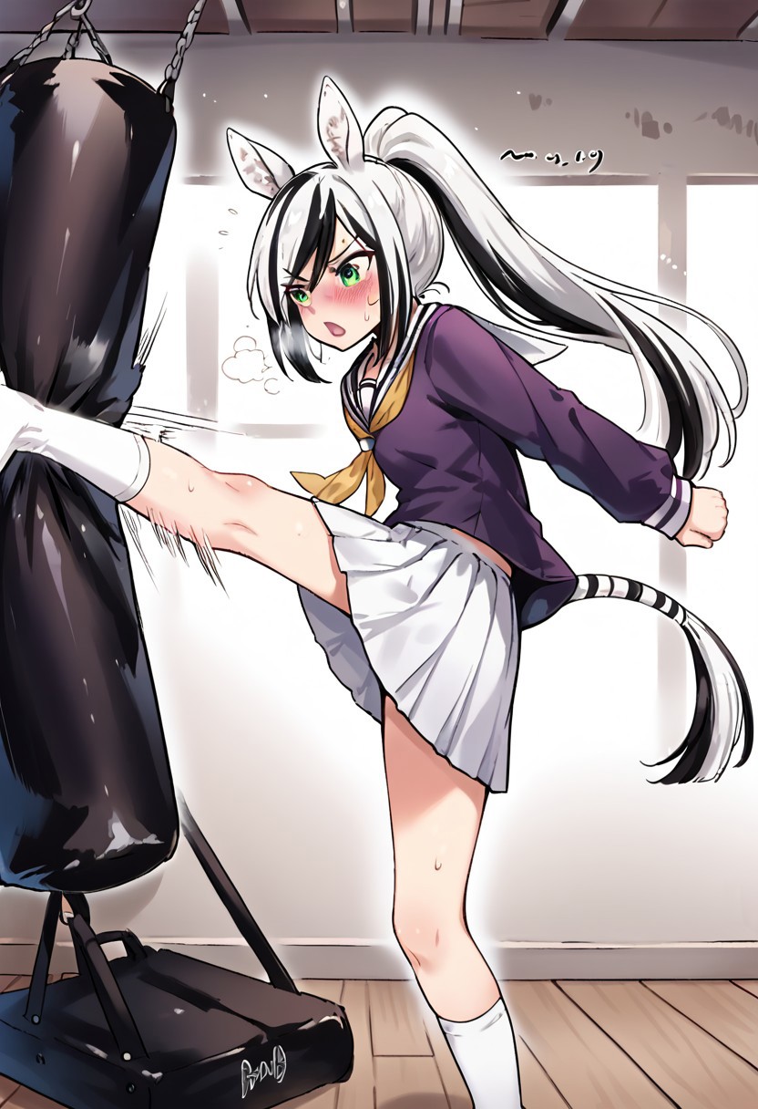 score_9, score_8_up, score_7_up, score_6_up, score_5_up, score_4_up, Chroe Mashima, zebra tail, (hair: long hair, black and white hair, hair with highlights), horse ears, (pale green eyes: 1.2), 1 ponytail, skirt, school uniform, pleated skirt, Serafuku, white skirt, shirt, purple shirt, sailor collar, white sailor collar, long sleeves, yellow scarf, knee high socks, <lora:kicking-bag-ponyxl-lora-nochekaiser:1>, kicking bag, punching bag, kick, kickboxing, training, standing on one leg, working out, steam, open mouth, sweat, blushing, gym, motion, motion blur, motion lines, alone, upper body,