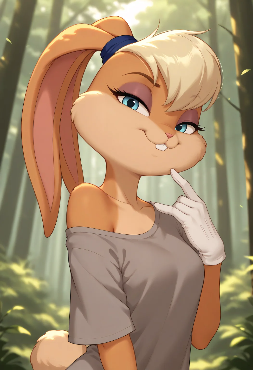 very awa, masterpiece,best quality,amazing quality, best quality, newest, absurdres, highres, detailed background, detailed hair, depth of field, detailed skin, best quality, amazing quality, very aesthetic, high resolution, ultra-detailed, absurdres, OverallDetailXL, skinny, narrow waist, aged up, lola, buck teeth, (white sclera:1.1), eyeshadow, body fur, scrunchie, blue eyes, blonde hair,white gloves, rabbit tail,furry female, furry, rabbit, lola bunny, Shirt, Dark Gray shirt, off shoulder, oversized shirt, f0rkedta1l, 1girl, solo, portrait, face focus, looking at viewer, facing viewer, smiling, closed mouth, forest, thick_canopy, filtered_light, root_network,,,