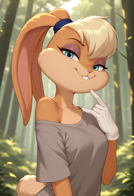 very awa, masterpiece,best quality,amazing quality, best quality, newest, absurdres, highres, detailed background, detailed hair, depth of field, detailed skin, best quality, amazing quality, very aesthetic, high resolution, ultra-detailed, absurdres, OverallDetailXL, skinny, narrow waist, aged up, lola, buck teeth, (white sclera:1.1), eyeshadow, body fur, scrunchie, blue eyes, blonde hair,white gloves, rabbit tail,furry female, furry, rabbit, lola bunny, Shirt, Dark Gray shirt, off shoulder, oversized shirt, f0rkedta1l, 1girl, solo, portrait, face focus, looking at viewer, facing viewer, smiling, closed mouth, forest, thick_canopy, filtered_light, root_network,,,