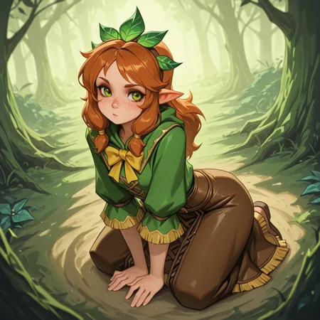 1girl, fair skin, freckles
fantasy adventure 2: enchanted forest huntress outfit combining a moss-green fitted tunic and a layered leather skirt with ornate trim, set among ancient trees with bioluminescent flora, pose: kneeling with a bow at the ready, from above
<lora:DarkfireStyle13:1>