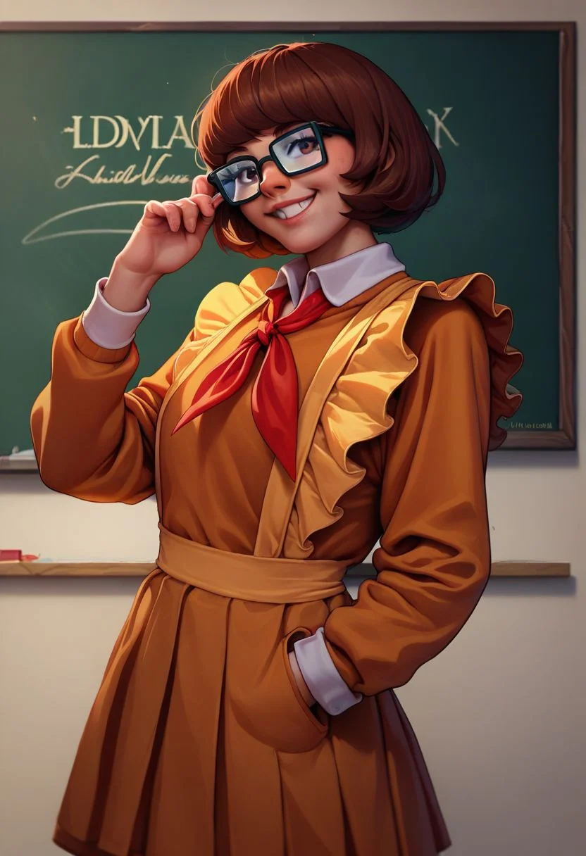 score_9, score_8_up,score_7_up, score_6_up, source_cartoon, solo, Soviet schoolgirl uniform, frilled apron, red neckerchief, smile, school blackboard,
velma dinkley, brown hair, glasses