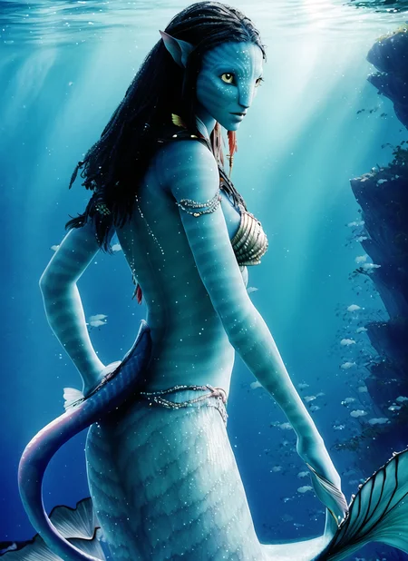 (Neytiriblueskinbabe as a mermaid, 1girl, neutral, looking at viewer, tail, mermaid tail, underwater, , (Photorealistic:1.2)