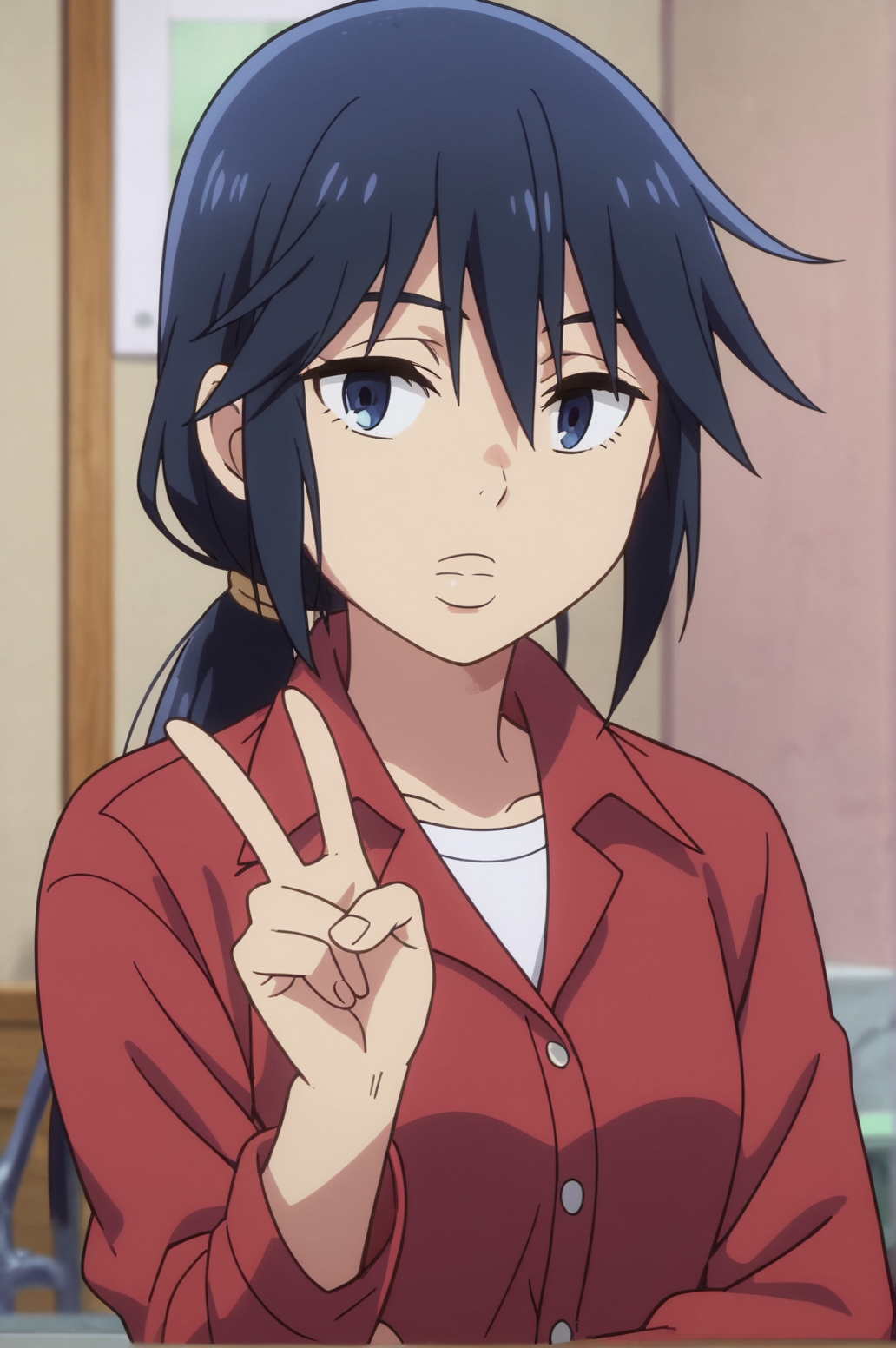 score_9, score_8_up, score_7_up,anime_source, source_anime, best background, detailed background, anime screencap,  Sachiko Fujinuma, long hair, ponytail, indoors, victory fingers, v fingers, <lora:JN_Sachiko_Fujinuma:0.8>