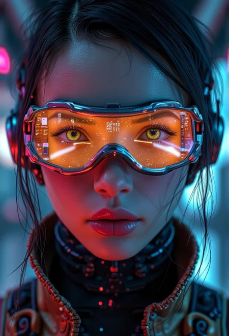 A close-up portrait of a futuristic character with neon reflections . The scene is highly detailed and realistic, capturing the essence of futuristic aesthetics, with intricate elements like atmospheric lights.<lora:bv-cybstyenh-v1.safetensors:1.0:1.0>