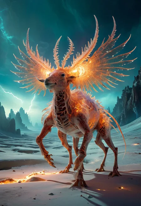 white desert oasis, salty earth, hyper detailed,  rusty, striking, animalistic, bite-sized, by Floris van Schooten  and by richard avedon, famous artwork inspired by (beeple:1.3) and (cliff nielsen:1.4), crystalline, fractal art, fantasy style, this peculiar life form, the "inquisitive plerkblortz" hides in the gnarling dense crystal jungles of the puffalorpled exoplanet "gazorpazorp secundus", covered in a metallic exoskeleton it ambushes its prey with (long crystalline appendages:1.4), dark, shadows, black, shadow hues, highly artistic, highly painterly, harmonic colors, expressive, ultimate aesthetic level, visible brushstrokes, masterclass artistry, vibrant energy, apocalyptic mood, atmospheric haze and dense fog, strong winds,  highly aesthetic, otherworldly, limited palette,  faded colors, washed out colors, extremely dark, extremely low key lighting, dark shadows, perfect composition, full panoramic shot translucent, transparent, glowneon, glowing, sparks, lightning