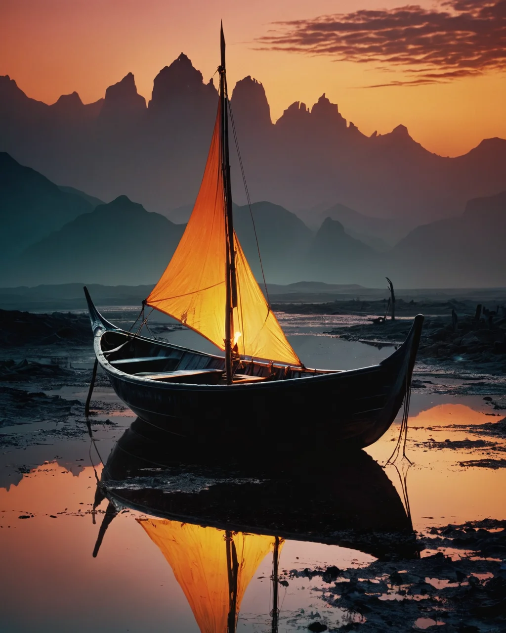 Boat, dripping, water, reflections, transparency, provoking, vivid color, Mordor: A dark and evil land ruled by the dark lord Sauron, Ernst Haas, golden hour, <lora:add-detail-xl:1>, <lora:xl_more_art-full_v1:0.8>