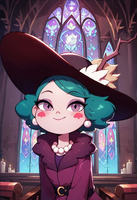 score_9, score_8_up, score_8, Eclipsa Butterfly, green hair, short hair, purple eyes, red spade blush stickers, dark red sun hat with feathers and branch, purple coat with fur collar, pearl necklace, black belt with moon decoration
upper body, closed mouth, in cathedral, sitting in church chair, smile, looking at viewer, colorful clerestory windows,