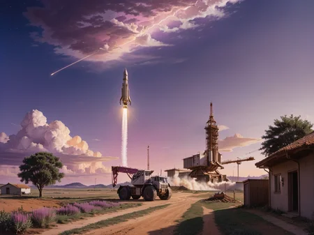 (rocket taking off:1.2), A landscape with a pointed house, purple sky, a construction crane
<lora:xl_real_beta1:0.9>