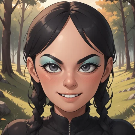 score_9, score_8, BREAK, solo, mii, wii, black hair, big nose, half-tree shaped nose, gray eyes, black eyebrows, makeup, blue eyeshadow, blush, open mouth, buck tooth, black clothing, black leggings, big breasts, 1girl, wii sports, female mii, shoes, Eva_(\Wii_Sports\), Nintendo Mii, modern_mii, classic_mii, attractive, sexy pose, self portrait, smile, outdoors, sunlight, shadows, evening lighting, natural lighting, forest, trees, grass, orange sky, sunset
