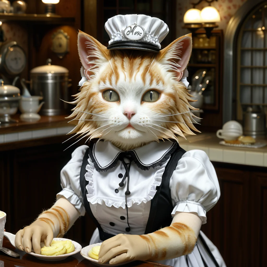 midjourneylora, cat working in maid cafe,Photorealistic, Ultra-high detail, lifelike textures, realistic lighting, high-resolution