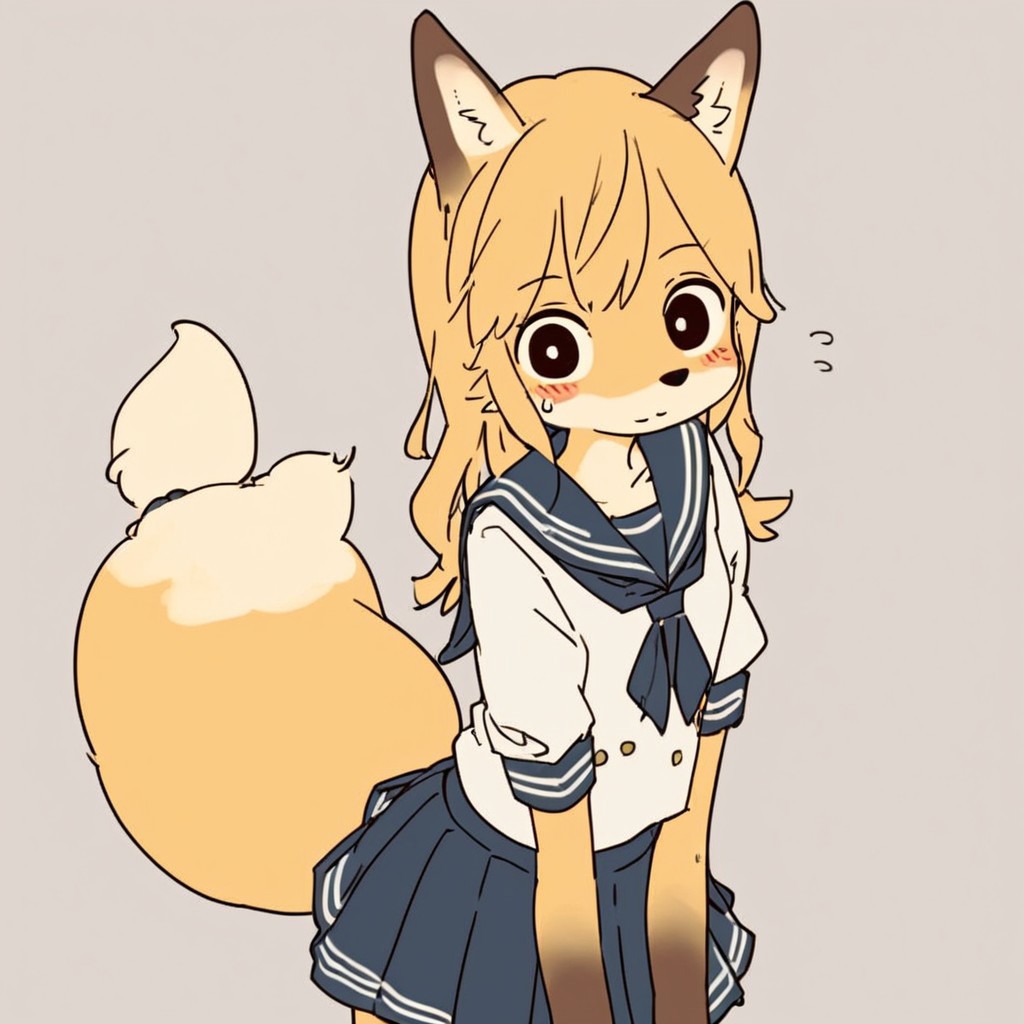 masterpiece,high quality,(high detail),(hdmasterpiece:0.9),high quality,high detail,hd,by yagi the goat,furry, fox girl,yellow hair ,big eyes,long hair,Short stature,Skinny body,solo,Short stature,Skinny body,score_9,score_8_up,score_7_up,(cute expression, cute face:1.1),simple background,looking at viewer,blush,skirt,flat chest,furisode,sailor,skirt,sailor_dress,fox tail