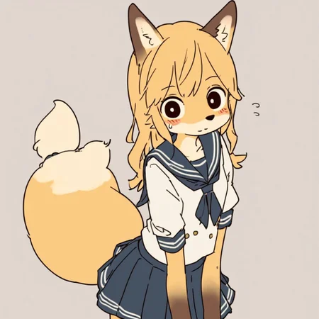 masterpiece,high quality,(high detail),(hdmasterpiece:0.9),high quality,high detail,hd,by yagi the goat,furry, fox girl,yellow hair ,big eyes,long hair,Short stature,Skinny body,solo,Short stature,Skinny body,score_9,score_8_up,score_7_up,(cute expression, cute face:1.1),simple background,looking at viewer,blush,skirt,flat chest,furisode,sailor,skirt,sailor_dress,fox tail