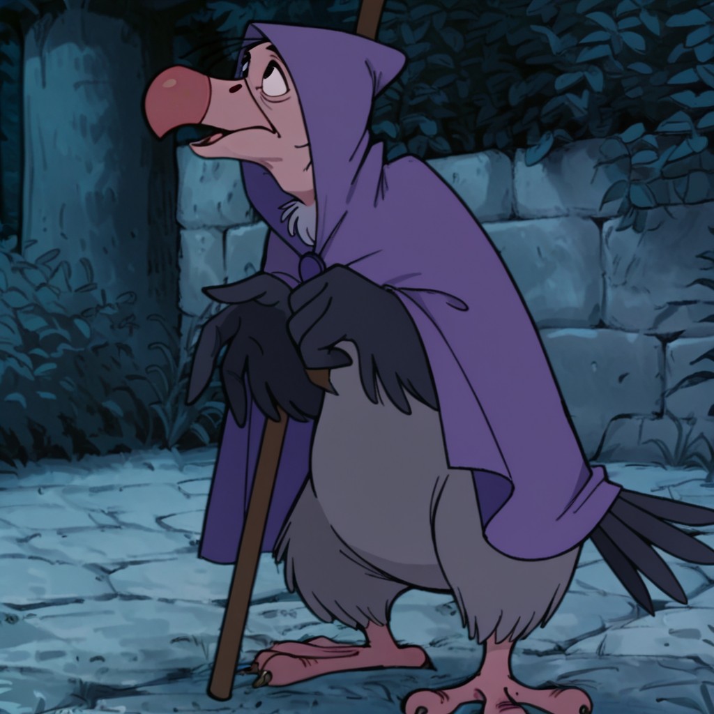 masterpiece, best quality, amazing quality, NutsyRHil, semi-anthro, male, vulture, black wing feathers, winged arms, grey body feathers, black eyes, purple hooded cloak, standing, in forest, talons,, <lora:01ef94ef-a775-4206-a157-63f6b1d55ae9:1.0>