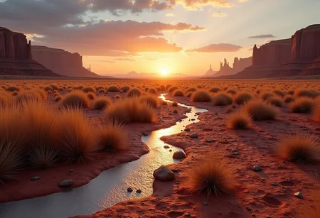 chrome, small rivers of chrome and silver scattered on the red dusty and rocky ground, long grass catching the sun light,  in Navajo tribal land by sunrise, sacred navajo site, the sun rising just over the horizon, dryied plants, drought, hyper realistic, dreamland, etheral land, photorealism, 4k, photorealistic, deep tones,