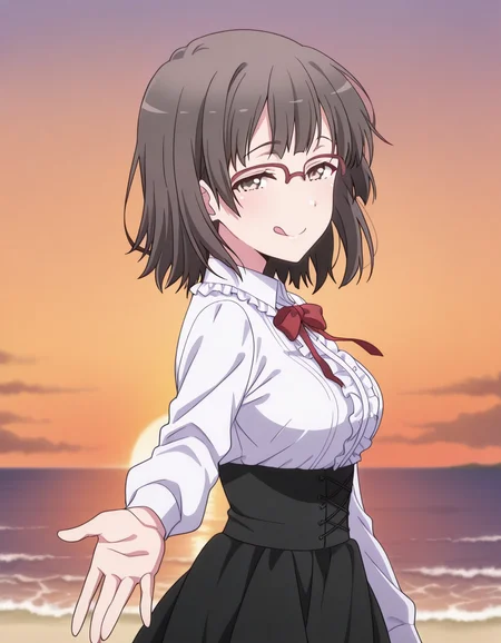 masterpiece, best quality, amazing quality,, <lora:hina-ebina-s2-illustriousxl-lora-nochekaiser:1>, hina ebina, short hair, brown hair, black hair, brown eyes, glasses, mature female, medium breasts, anime screencap, <lora:virgin-killer-outfit-illustriousxl-lora-nochekaiser:1>, virgin killer outfit, meme attire, high-waist skirt, center frills, frilled shirt, underbust, aran sweater, frilled shirt collar, red bowtie, frills, skirt,, <lora:looking-back-reaching-towards-viewer-illustriousxl-lora-nochekaiser:1>, looking back reaching towards viewer, looking at viewer, smile, looking back, open mouth, reaching towards viewer, beach, half-closed eyes, cowboy shot, sunset, :q, , , ,