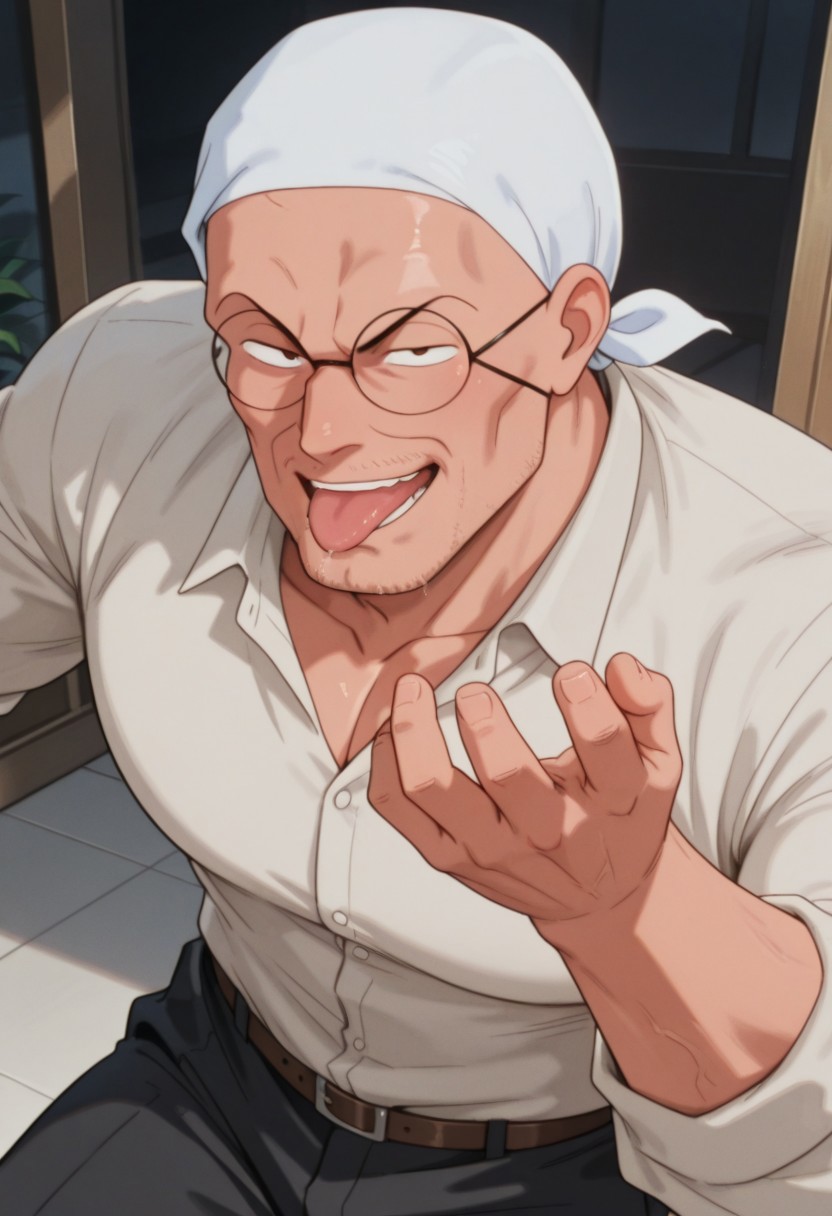 masterpiece, best quality, absurdres, newest, perfect quality, best quality, intricate details, BREAK, Saotome_Genma, Middle-aged man,  male focus, mature male, muscular, white cloth head wrap, glasses,, male focus, mature male, BREAK,  (close up), white office shirt, black pants, epic pose,   sexy smile with tongue