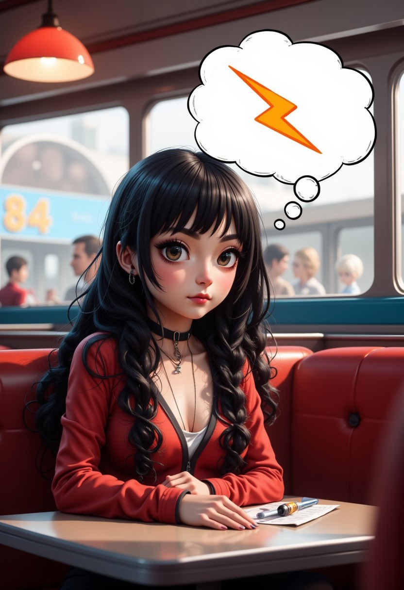 Fei Vaughna is sitting at a table in the diner. Thought bubble contains a "short stubby orange lightning bolt?"