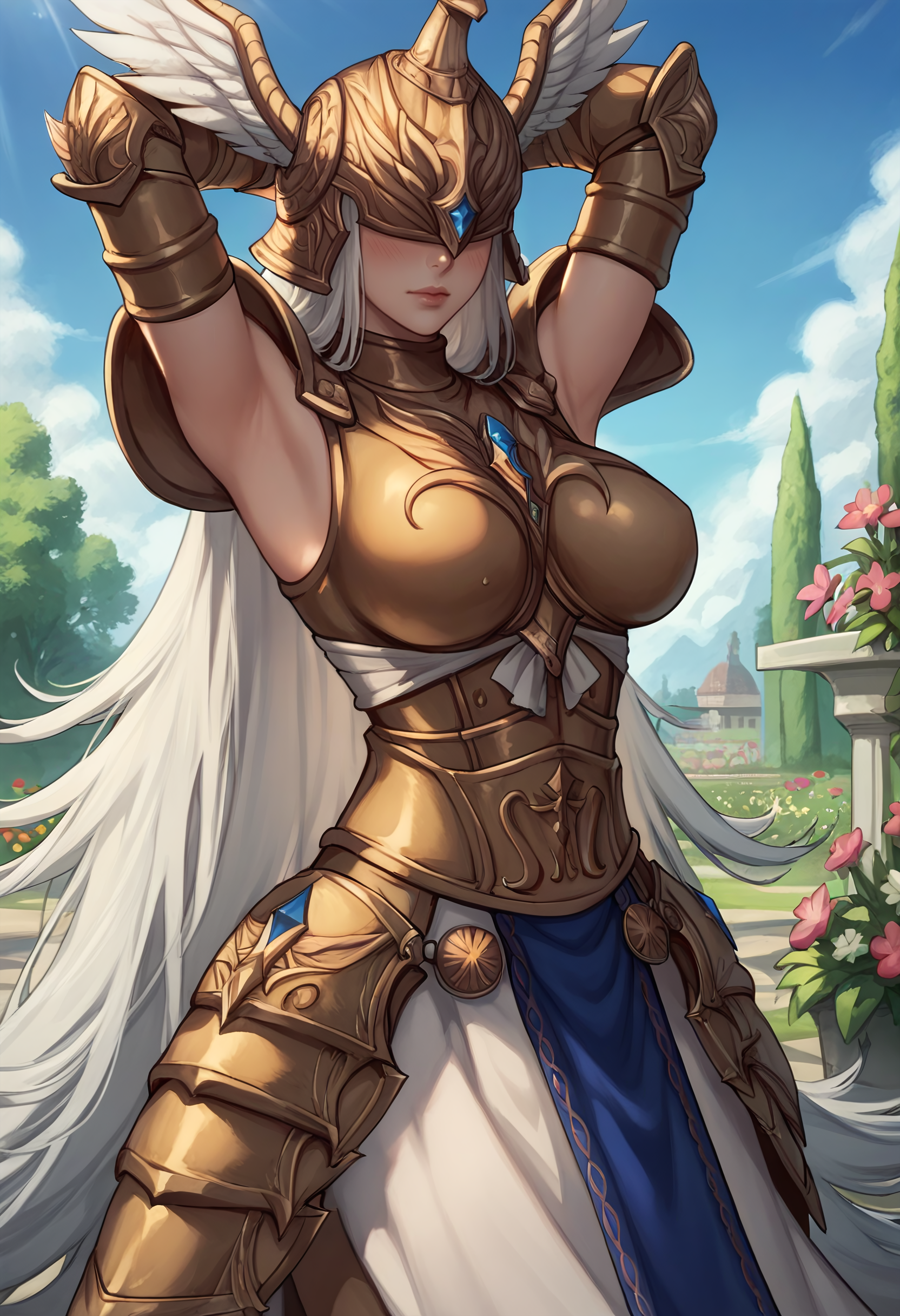 score_9, score_8_up, score_7_up, source_anime BREAK 1girl, looking at viewer, cowboy shot,
<lora:HaloneDwnsty-000009:1>, halonedwnsty, white hair, very long hair, covered eyes, winged helmet, valkyrie, gold armor, breastplate, skirt, fingerless gloves, 
large breasts, lips, skindentation, arms up, armpits, blush, arms behind head, 
outdoors, garden, flower, sunlight, blue sky,