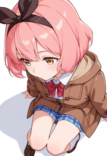 masterpiece,high quality details,absurdres, 
 <lora:Koshiba_Mai:0.8>
mar_cnr, 1girl, pink hair, short hair, bangs, brown eyes,black hairband,
mai_s2, plaid skirt, pleated skirt, blue skirt, white shirt,brown coat, bowtie, white kneehighs, loafers,, simple background, white background, from above,solo,, 0 0,