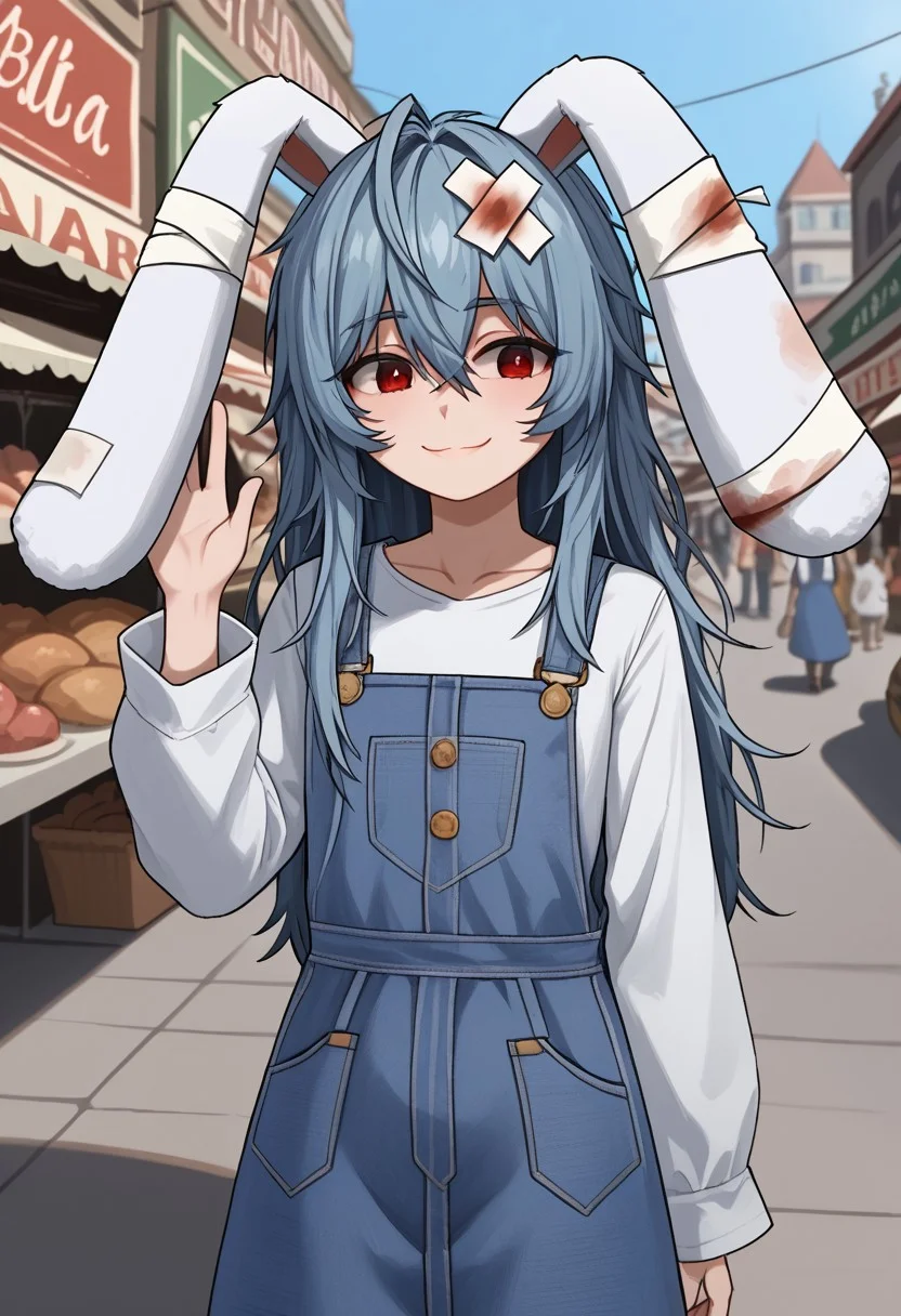 1girl, solo, Parasi, red eyes, messy hair, blue hair, long hair, animal ears, rabbit ears, hair between eyes, bangs, blood, sidelocks, bandages,
overalls, blue overalls, long sleeves, blue dress, white shirt,
market, street, closed mouth, smile, waving