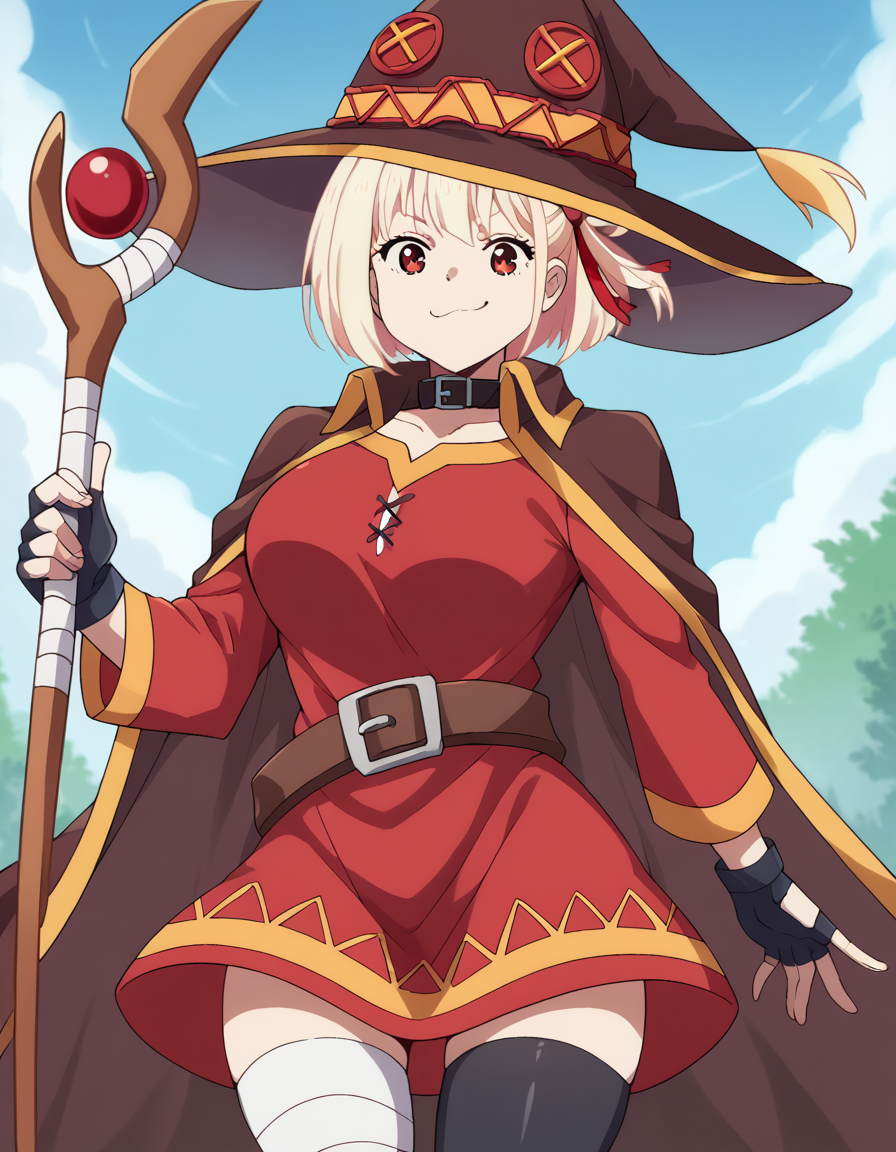 score_9, score_8_up, score_7_up, source_anime, chisatonishikigi, <lora:chisato-nishikigi-s1-ponyxl-lora-nochekaiser:1>, chisato nishikigi, short hair, bangs, blonde hair, red eyes, hair ribbon, one side up, bob cut, large breasts,, <lora:megumin-cosplay-ponyxl-lora-nochekaiser:1>, megumin cosplay, megumin (cosplay), thighhighs, gloves, hat, dress, black gloves, belt, black thighhighs, fingerless gloves, cape, collar, witch hat, bandages, red dress, single thighhigh, asymmetrical legwear, bandaged leg,, staff, holding staff, smug, outdoors, looking at viewer, cowboy shot,