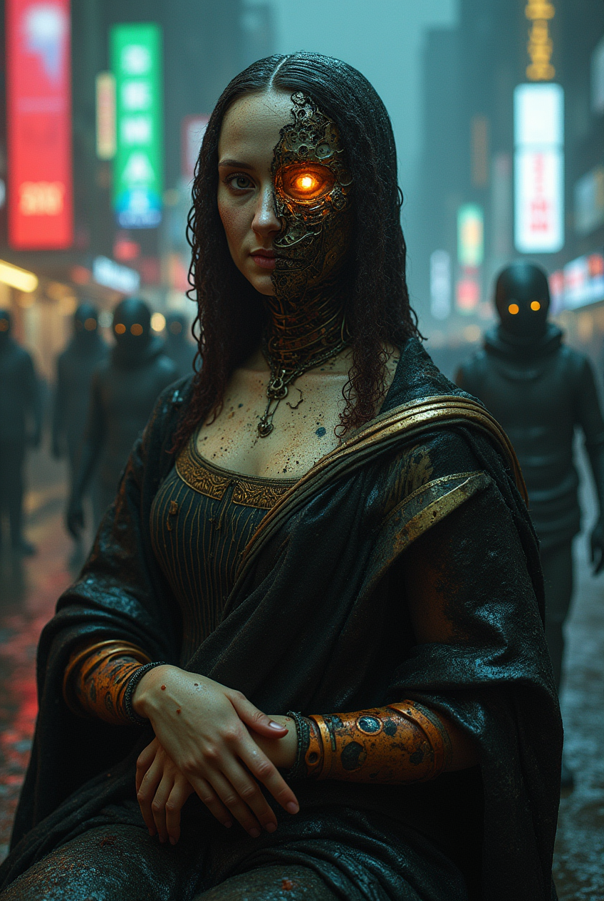 The Mona Lisa, reimagined as a decaying android, half her face revealing intricate mechanical gears and decayed wires, cracked and rusted metal skin peeling away, one glowing eye, sitting in a neon-lit cyberpunk city, dark rain-soaked streets, towering holographic advertisements, dripping neon oil from her exposed circuits, a group of eerie cybernetic beggars in the background, flickering signs, the atmosphere is haunting yet futuristic, textures of rust and slick wet pavement, moody lighting, a mixture of Leonardo Da Vinci’s Renaissance style and futuristic dystopian aesthetics.