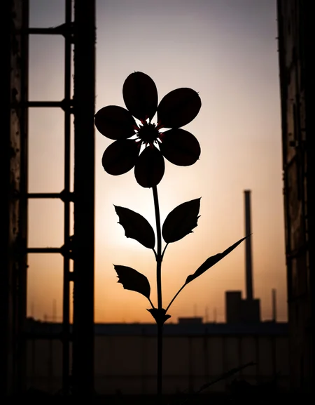zavy-slhtt, silhouette of a majestic flower in front of an industrial wasteland, 100mm f/2.8 macro lens,