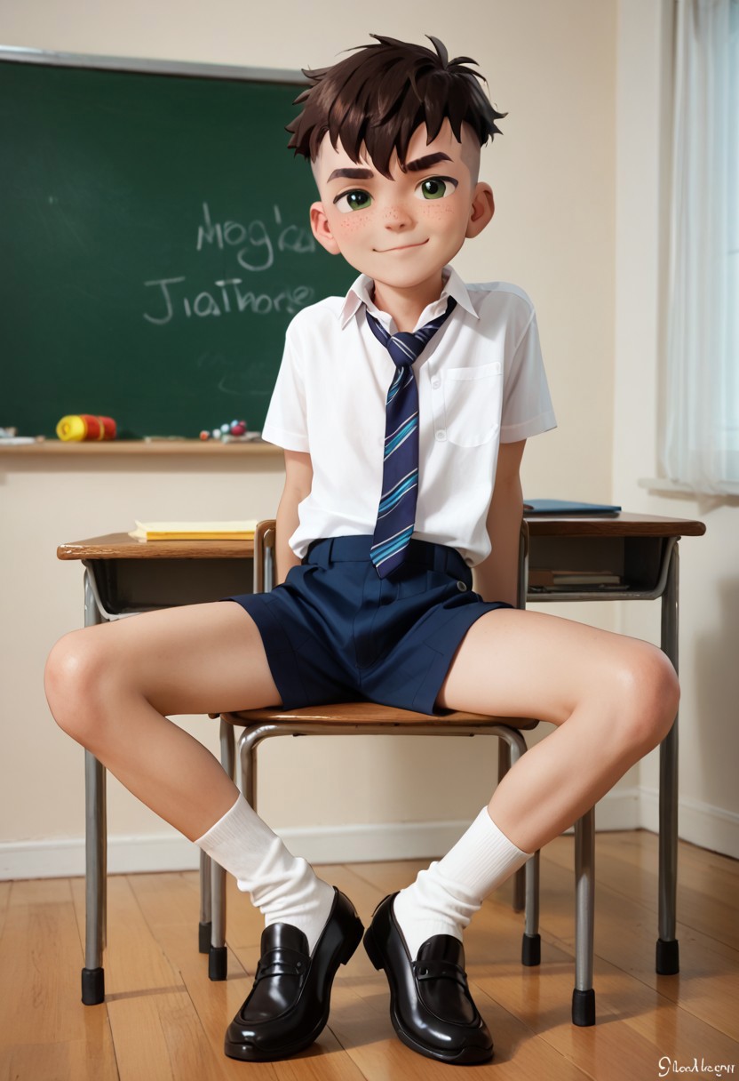score_9,score_8_up,score_7_up, Intricate Details, Masterpiece, Best Quality, 1boy, solo, cute boy, school uniform, necktie, unbuttoned shirt, small shorts, white socks, black shoes, sitting in chair, leaning back, smug smile, full body , twink , skinny, thick eyebrows, seductive smirk , hands on legs , Kai, Brown Hair, Undercut, Green Eyes, White Skin , school class room , desks , blackboard.