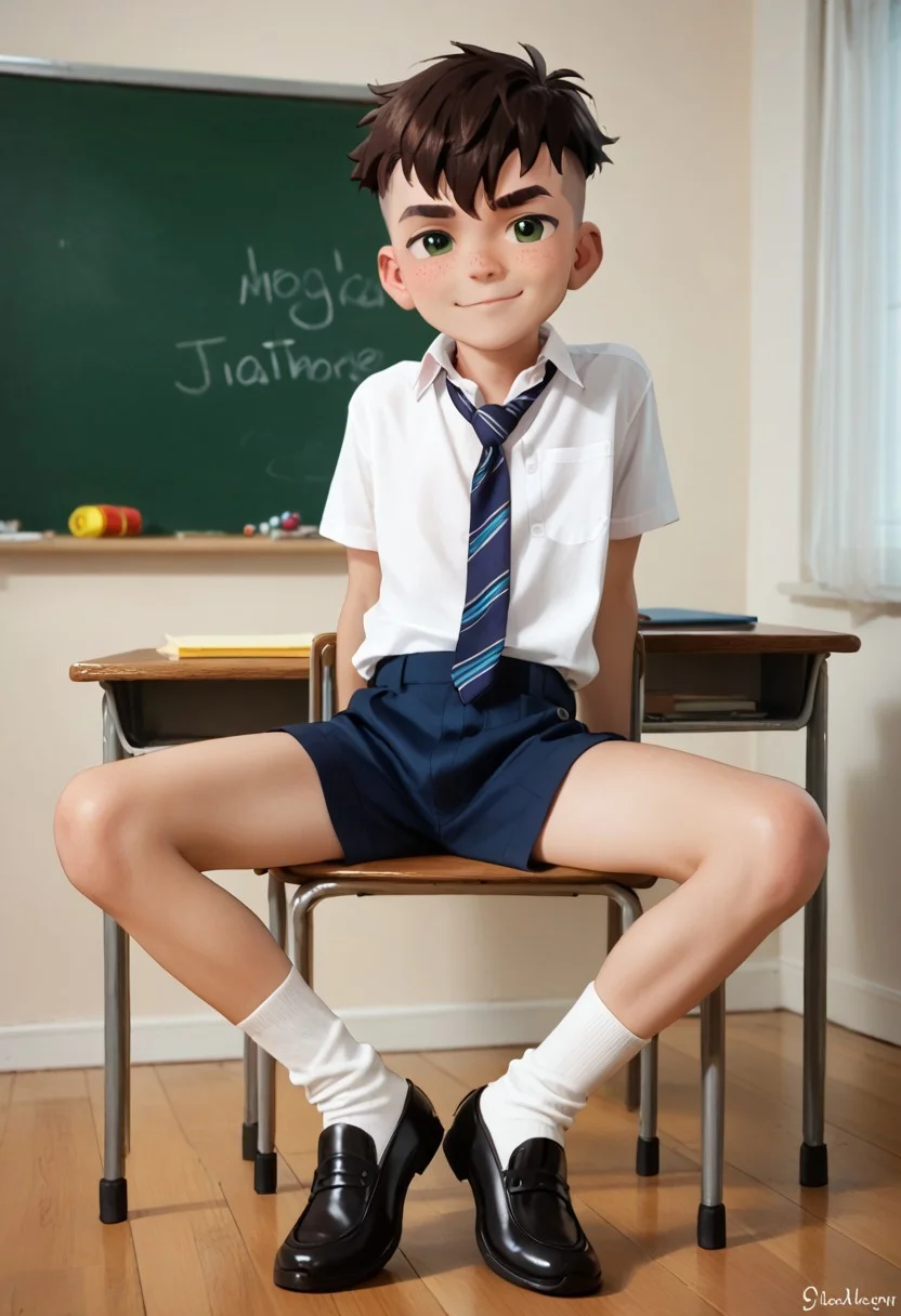 score_9,score_8_up,score_7_up, Intricate Details, Masterpiece, Best Quality, 1boy, solo, cute boy, school uniform, necktie, unbuttoned shirt, small shorts, white socks, black shoes, sitting in chair, leaning back, smug smile, full body , twink , skinny, thick eyebrows, seductive smirk , hands on legs , Kai, Brown Hair, Undercut, Green Eyes, White Skin , school class room , desks , blackboard.