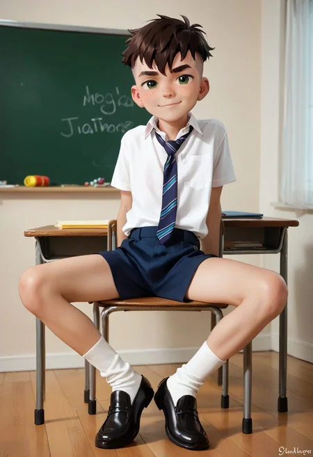 score_9,score_8_up,score_7_up, Intricate Details, Masterpiece, Best Quality, 1boy, solo, cute boy, school uniform, necktie, unbuttoned shirt, small shorts, white socks, black shoes, sitting in chair, leaning back, smug smile, full body , twink , skinny, thick eyebrows, seductive smirk , hands on legs , Kai, Brown Hair, Undercut, Green Eyes, White Skin , school class room , desks , blackboard.
