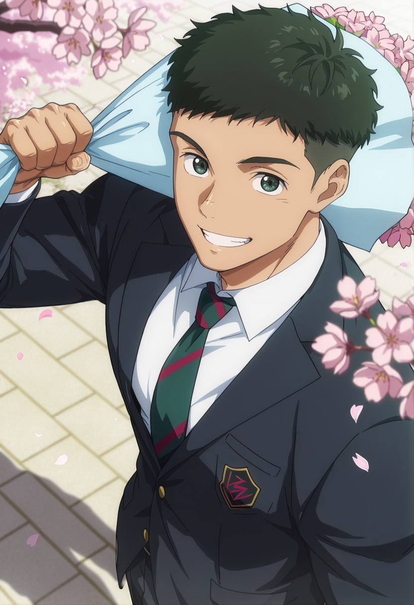 <lora:Yokokawa_Yuusuke_Love_All_Play:1> embedding:Smooth Quality, masterpiece, best quality, newest, absurdres, anime screencap, intricate details, good quality, very awa, highres, perfect proportions, perfect eyes, amazing quality, very aesthetic, green_yok0kaw4_yuusuk3_eyes, yok0kaw4_yuusuk3, black_yok0kaw4_yuusuk3_hair, 1boy, anime coloring, male focus, solo, muscular male,  from above, spring, cherry blossoms, smile, teeth, looking at viewer, black_yok0kaw4_yuusuk3_school_uniform, bouquet, over shoulder,  shadow, dynamic angle, dynamic action, atmospheric perspective, intricate lighting, intricately detailed illustration, depth of field,