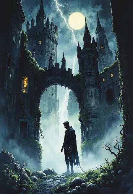 positiv Clip L: Studio Ghibli Dark Fairytale    A haunting digital illustration of a grim, decaying Gothic castle under a blood-red moon. The scene is shrouded in thick fog, with jagged towers piercing the stormy sky. In the foreground, Frankensteinâs creature stands alone in a desolate courtyard, his patchwork skin glowing faintly under the moonlight. His posture is slumped yet imposing, with bolts protruding from his neck and hollow, yellow eyes staring directly at the viewer. The castle walls are cracked and overgrown with thorny vines, while shattered windows reveal flickering candlelight inside. The ground is littered with broken chains and dead branches, and a lightning bolt splits the dark clouds above. The palette is dominated by cold blues, ashen grays, and sickly greens, contrasted by the eerie red glow of the moon. The style is hyper-detailed, with dramatic shadows, textured stonework, and a sinister, cinematic atmosphere. No humans, only the creature and the oppressive weight of isolation positiv Clip G: Studio Ghibli Dark Fairytale    A haunting digital illustration of a grim, decaying Gothic castle under a blood-red moon. The scene is shrouded in thick fog, with jagged towers piercing the stormy sky. In the foreground, Frankensteinâs creature stands alone in a desolate courtyard, his patchwork skin glowing faintly under the moonlight. His posture is slumped yet imposing, with bolts protruding from his neck and hollow, yellow eyes staring directly at the viewer. The castle walls are cracked and overgrown with thorny vines, while shattered windows reveal flickering candlelight inside. The ground is littered with broken chains and dead branches, and a lightning bolt splits the dark clouds above. The palette is dominated by cold blues, ashen grays, and sickly greens, contrasted by the eerie red glow of the moon. The style is hyper-detailed, with dramatic shadows, textured stonework, and a sinister, cinematic atmosphere. No humans, only the creature and the oppressive weight of isolation