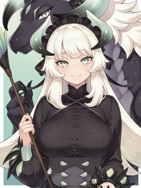 1girl,white border,looking at viewer,smile,large breasts,claws,closed mouth,upper body,green background,sidelocks,1other,dark dragon,dragonmaid stern,holding duster,duster,chamber dragonmaid,black maid dress,black mob cap,
masterpiece,best quality,amazing quality,very aesthetic,absurdres,newest,<lora:Chamber dragonmaid illuXL v1:0.73>,