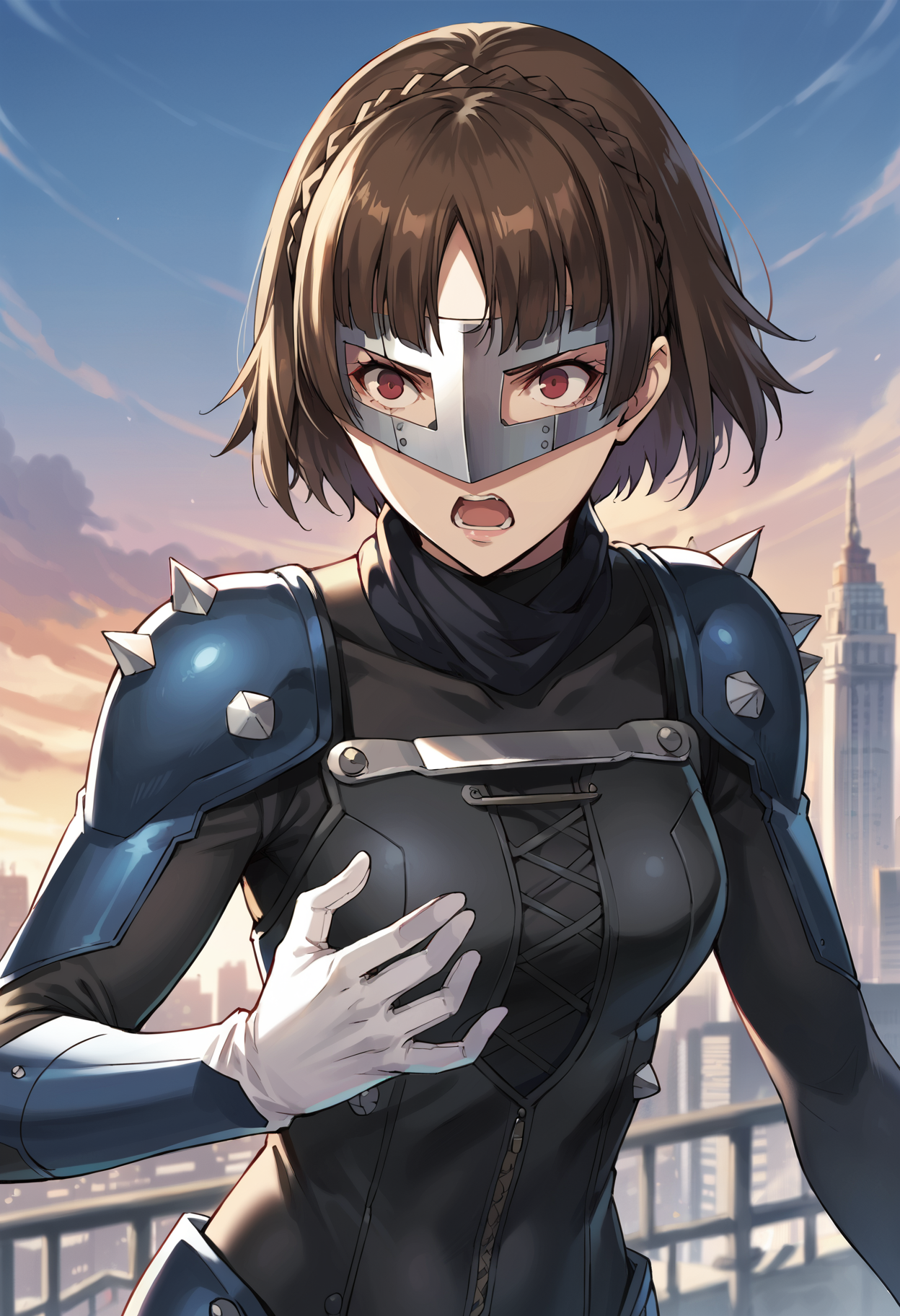 score_9, score_8_up, score_7_up, (source_anime), 1 girl, solo, nsfw, aged up,
p5makoto, p5makotoqueen, niijima makoto, short hair, bangs, brown hair, gloves, standing, braid, white gloves, scarf, bodysuit, mask, spikes, clenched hands, black bodysuit, crown braid, shoulder spikes
outdoors, cityscape, dynamic pose, yelling, angry, nighttime, dark, starlight, shadows,
masterpiece, best quality,