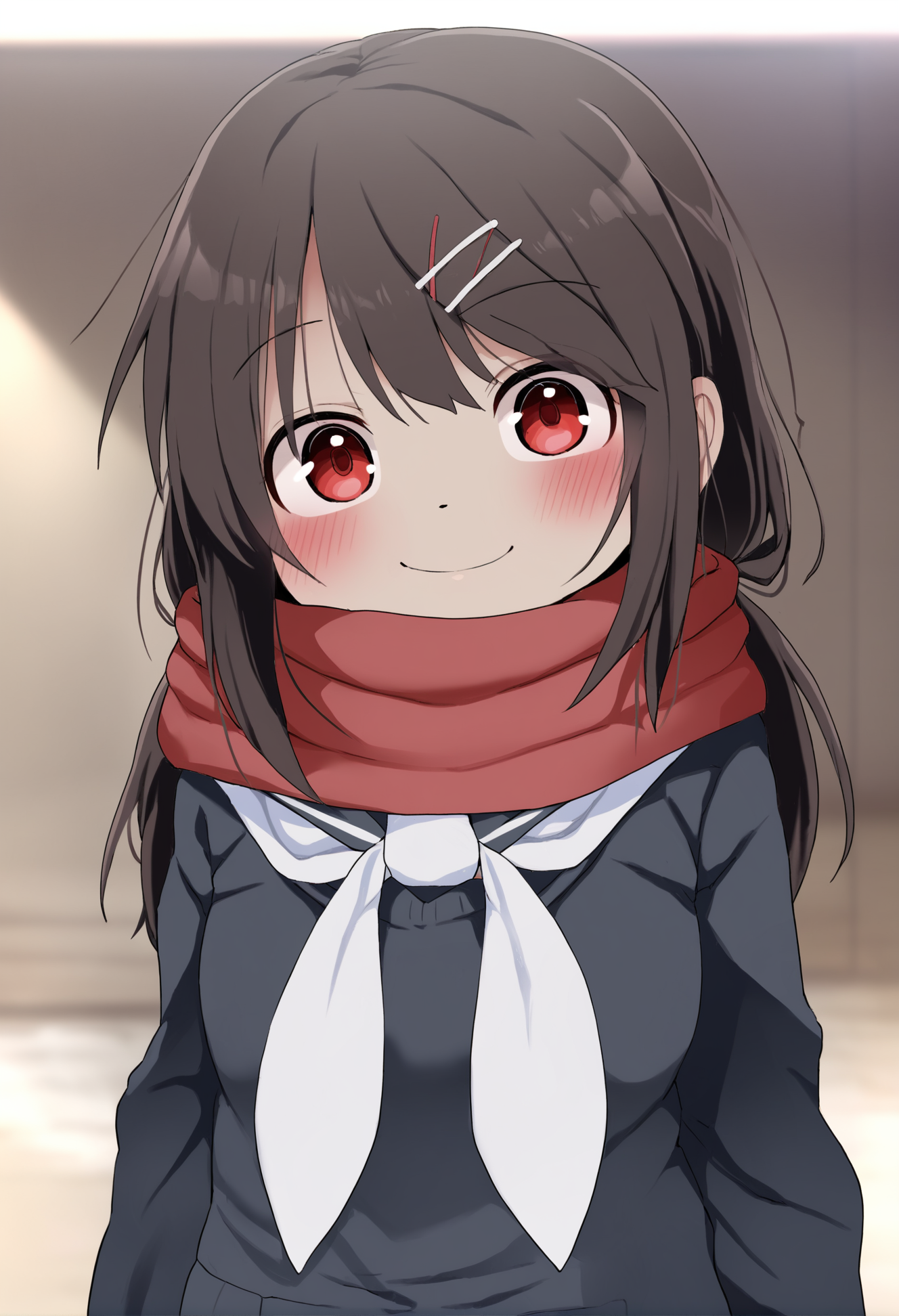 masterpiece, hyper detailed, best quality,(furry:1.3),1girl, scarf, solo, enpera, tateyama ayano, red scarf, red eyes, hair ornament, smile, looking at viewer, long hair, hairclip, black hair, white neckerchief, school uniform, bangs, serafuku, black serafuku, string, portrait, swept bangs, straight-on, parted lips  ,<lora:DAGASIXLlokr8f-000188:0.95>