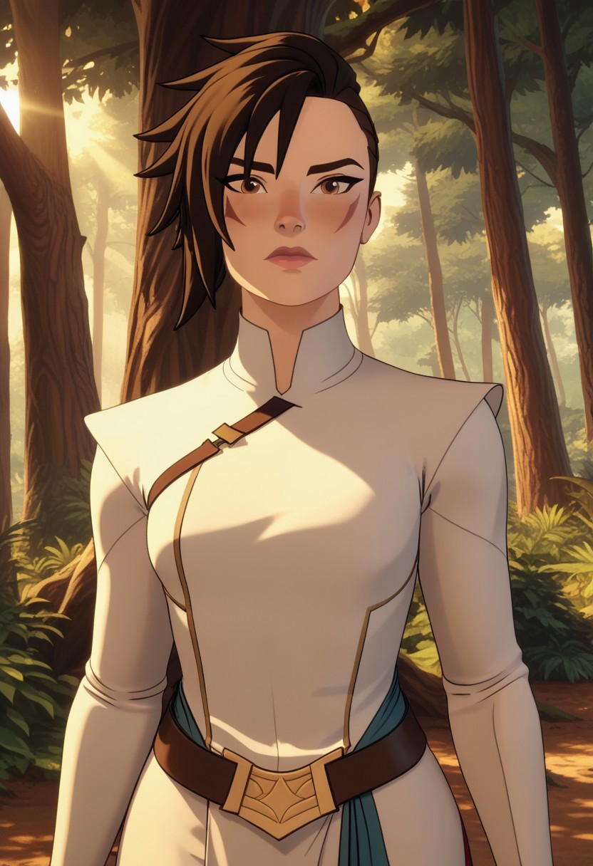Score_9, Score_8, Score_7, TDPStyle, TDPStyle, Amaya, Five Fingered Hand, White Clothes, Face Scar, Amaya with face scar, posing in a serene forest glade, with sunlight filtering through the trees, creating a magical atmosphere