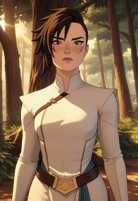 Score_9, Score_8, Score_7, TDPStyle, TDPStyle, Amaya, Five Fingered Hand, White Clothes, Face Scar, Amaya with face scar, posing in a serene forest glade, with sunlight filtering through the trees, creating a magical atmosphere